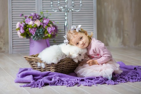 Portrait of blond baby girl playing with husky poppy.Model girl with red hair posing in studio shoot with sammy white puppy while lie on wooden floor close to velvet flowers wearing cute dressの写真素材