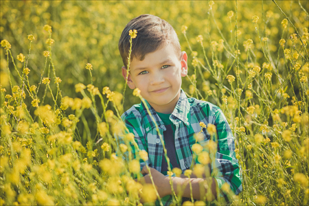 Handsome boy with blond hair in canola field.の写真素材