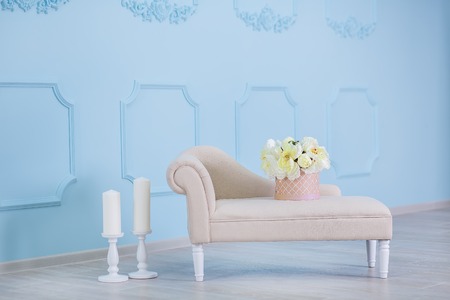 Interior mock up photo. Blue wall with leather material divan sofa and pot with plant flowers and ladder. Background photo with copy space for textの写真素材