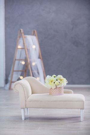 Interior mock up photo. Blue wall with leather material divan sofa and pot with plant flowers and ladder. Background photo with copy space for textの写真素材