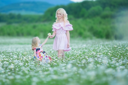 Blond mother with cute little daughter wearing white colourful pink dresses in chamomile field, summer time. Enjoying spending time together happy childhood.の写真素材