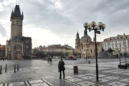 Prague, Czech Republic-17 of March 2020: view of Astronomical clock and saint nicholas church at old town square in Pragueのeditorial素材