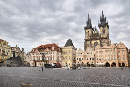 Prague, Czech Republic-17 of March 2020: view of Tyn Church at empty old town square which was  due to the quarantine cause by corona virusのeditorial素材