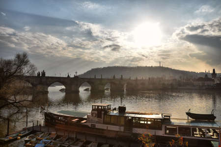 Prague, Czech Republic-17 of March 2020: Panoramatic view of Charles bridgeのeditorial素材