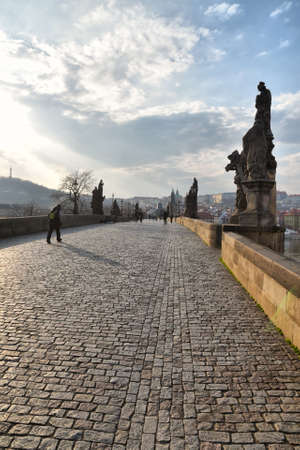 Prague, Czech Republic-17 of March 2020: Statue at charles bridgeのeditorial素材