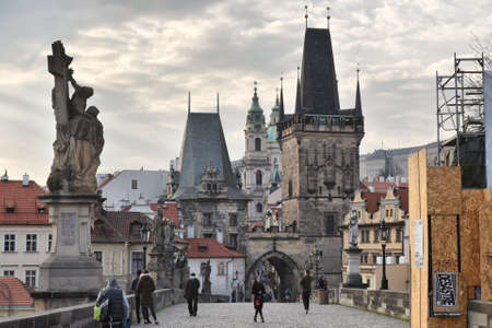 Prague, Czech Republic-17 of March 2020: Charles Bridge Entrance Gate in Pragueのeditorial素材