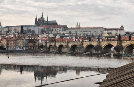 Prague, Czech Republic-17 of March 2020:View at the Prague Castle  and Charles Bridgeのeditorial素材