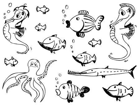 set of sketchy doodle sea animals のイラスト素材