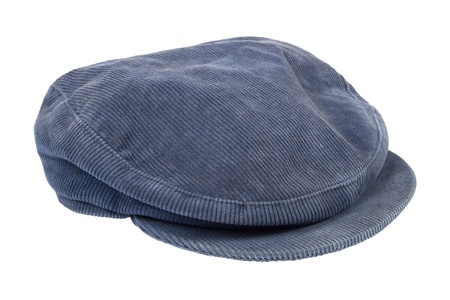 Blue corduroy cap isolated on white backgroundの写真素材