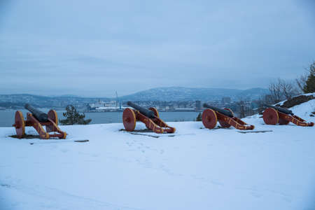 The islands around Oslo Norway during the winter before Christmas are an older monument to the artillery defending the island.のeditorial素材