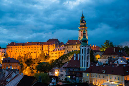 Panoramic landscape view of the historic city of Cesky Krumlov during sunset with famous Cesky Krumlov Castle, Church city is on a UNESCO World Heritage Site captured during spring with nice sky and cloudsのeditorial素材