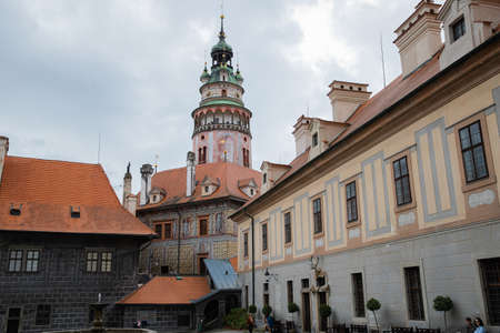 Panoramic landscape view of the historic city of Cesky Krumlov during day time with famous Cesky Krumlov Castleのeditorial素材