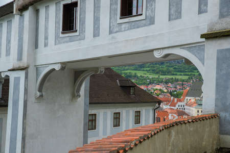 View of the castle and vaulted passage with viaduct with view of Cesky Krumlov with famous Cesky Krumlov Castleのeditorial素材
