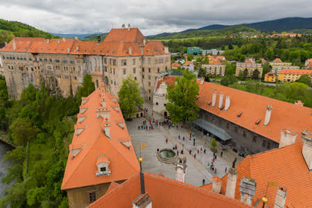 Panoramic landscape view above from aerial of the historic city of Cesky Krumlov with famous Cesky Krumlov Castleのeditorial素材
