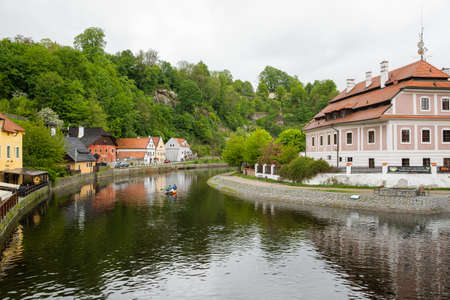 Panoramic landscape view on Castle in the historic city of Cesky Krumlov with famous Church cityのeditorial素材