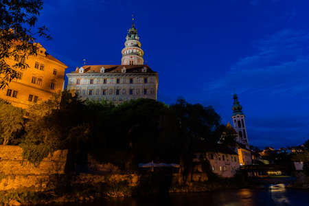Panoramic landscape view of the historic city of Cesky Krumlov during sunset with famous Cesky Krumlov Castle, Church cityのeditorial素材