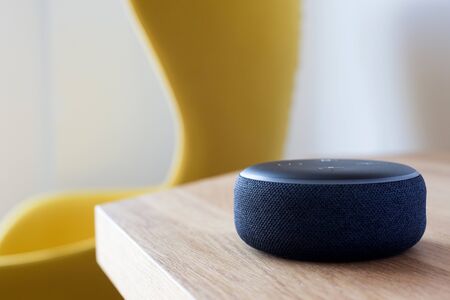 Smart speaker, smart home assistant, smart home device, on table deskの写真素材