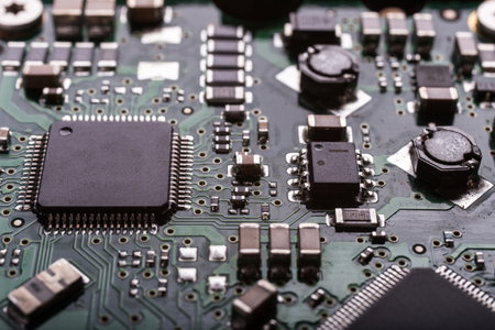 Computer circuits hardware close up. Motherboard parts, chips, connections, circuit boards visible. bannerの写真素材