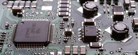 Computer circuits hardware close up. Motherboard parts, chips, connections, circuit boards visible. bannerの写真素材