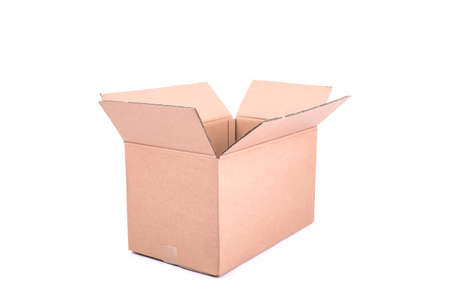 Open cardboard box on white background, mid sized, emptyの写真素材