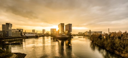 Skyline of Duesseldorf during sunsetの写真素材