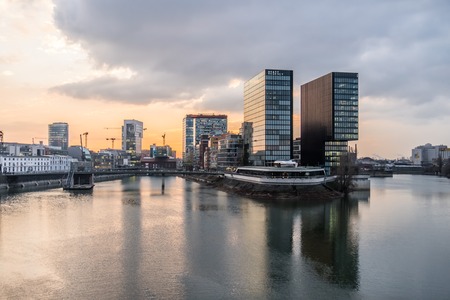 Skyline of Duesseldorf during sunsetの写真素材