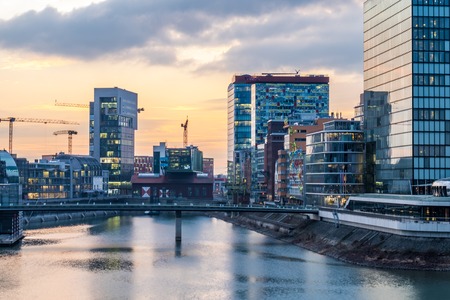 Skyline of Duesseldorf during sunsetの写真素材