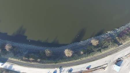 Railway curve track from aboveの写真素材