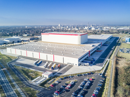 Krefeld, Germany - February 15, 2017 : The Bauhaus distribution centre is the companys biggest worldwide located in the turnaround harbour of Krefeld, Germanyのeditorial素材