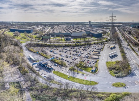 Duisburg, Germany - March 24 2017 : Vehicles passing the steel plant gate, aerialのeditorial素材