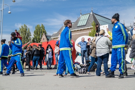 Amsterdam / Netherlands - April 31, 2017 - The Ajax Amsterdam breakdancing group performing in the city at the I amsterdam lettersのeditorial素材