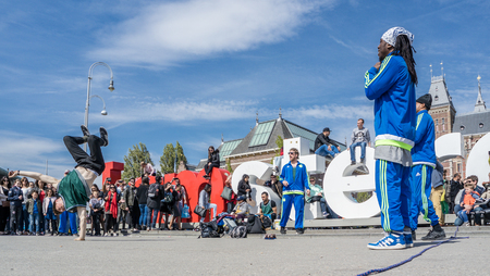 Amsterdam / Netherlands - April 31, 2017 - The Ajax Amsterdam breakdancing group performing in the city at the I amsterdam lettersのeditorial素材