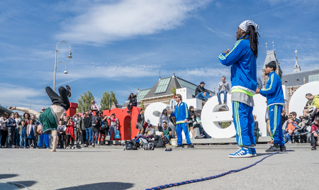 Amsterdam / Netherlands - April 31, 2017 - The Ajax Amsterdam breakdancing group performing in the city at the I amsterdam lettersのeditorial素材