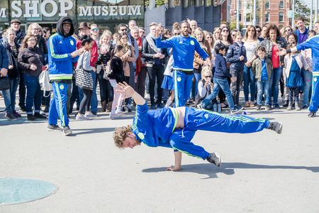 Amsterdam / Netherlands - April 31, 2017 - The Ajax Amsterdam breakdancing group performing in the city at the I amsterdam lettersのeditorial素材