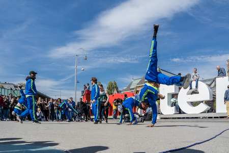 Amsterdam / Netherlands - April 31, 2017 - The Ajax Amsterdam breakdancing group performing in the city at the I amsterdam lettersのeditorial素材