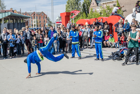 Amsterdam / Netherlands - April 31, 2017 - The Ajax Amsterdam breakdancing group performing in the city at the I amsterdam lettersのeditorial素材