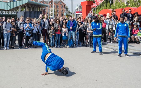 Amsterdam / Netherlands - April 31, 2017 - The Ajax Amsterdam breakdancing group performing in the city at the I amsterdam lettersのeditorial素材