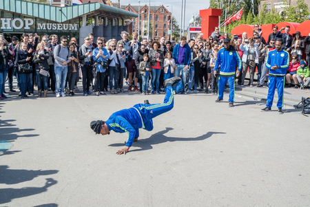 Amsterdam / Netherlands - April 31, 2017 - The Ajax Amsterdam breakdancing group performing in the city at the I amsterdam lettersのeditorial素材