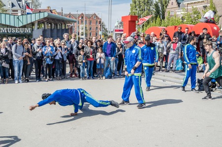 Amsterdam / Netherlands - April 31, 2017 - The Ajax Amsterdam breakdancing group performing in the city at the I amsterdam lettersのeditorial素材