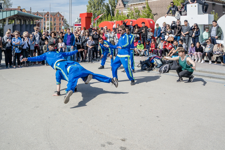 Amsterdam / Netherlands - April 31, 2017 - The Ajax Amsterdam breakdancing group performing in the city at the I amsterdam lettersのeditorial素材