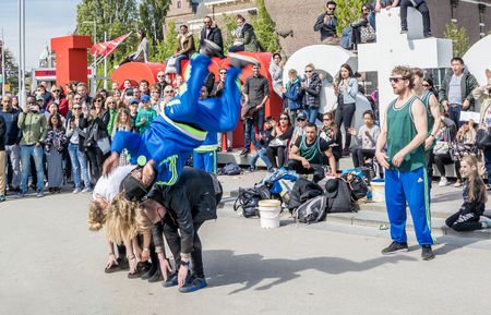 Amsterdam / Netherlands - April 31, 2017 - The Ajax Amsterdam breakdancing group performing in the city at the I amsterdam lettersのeditorial素材