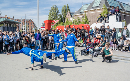 Amsterdam / Netherlands - April 31, 2017 - The Ajax Amsterdam breakdancing group performing in the city at the I amsterdam lettersのeditorial素材