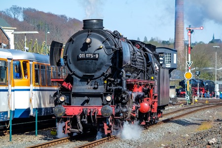 Bochum / Germany - April 18 2015 : Steam train passing the station in Dahlhausenのeditorial素材