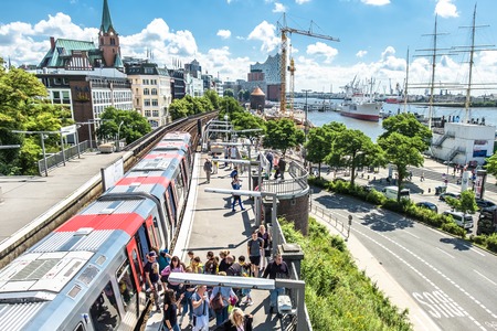 Hamburg / Germany - July 14, 2017: Cranes are working at the construction site between the St. Pauli Piers and Baumwallのeditorial素材