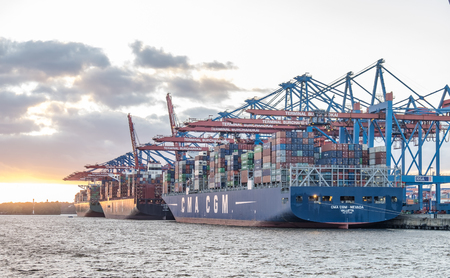 Hamburg / Germany - July 12 2017: Container gantry cranes of the terminal Eurogate and Burchardkai...