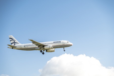 Duesseldorf / Germany - October 05 2017: Aegan Air Airbus A320 landing at Dusseldorf Airportのeditorial素材