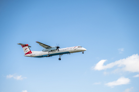 Duesseldorf / Germany - October 05 2017: Austrian Airlines Bombadier Dash 8 Q400 landing at Dusseldorf Airportのeditorial素材