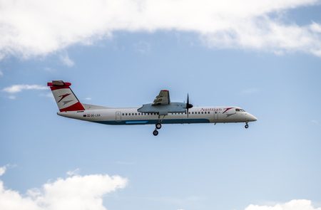 Duesseldorf / Germany - October 05 2017: Austrian Airlines Bombadier Dash 8 Q400 landing at Dusseldorf Airportのeditorial素材