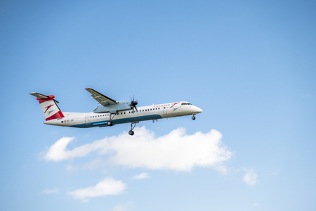 Duesseldorf / Germany - October 05 2017: Austrian Airlines Bombadier Dash 8 Q400 landing at Dusseldorf Airportのeditorial素材