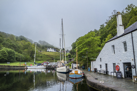 Crinan / Scotland - May 24 2017: Crinan coffe shop welcoming ships and vessels to the locks of Crinan Canalのeditorial素材